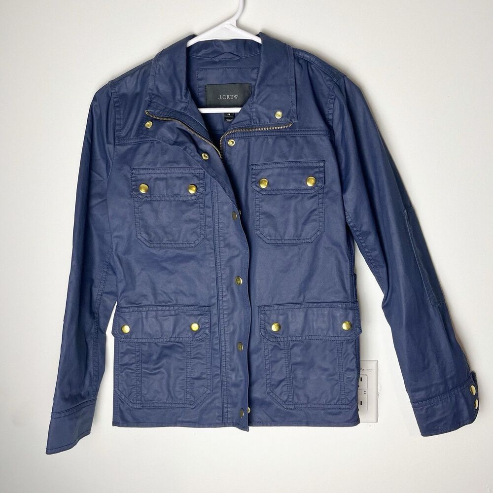 J Crew Downtown Field Jacket Womens Small Navy Blue Waxed Cotton Snap Military